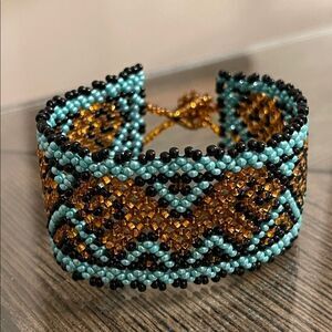 Miyuki Boho Beaded Bracelet – Turquoise & Amber Geometric Pattern Peyote Stitch